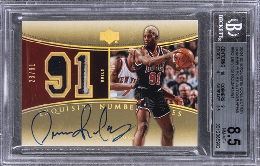 2004-05 UD "Exquisite Collection" Number Pieces Autographs #RO Dennis Rodman Signed Game Used Patch Card (#23/91) – BGS NM-MT+ 8.5/BGS 9